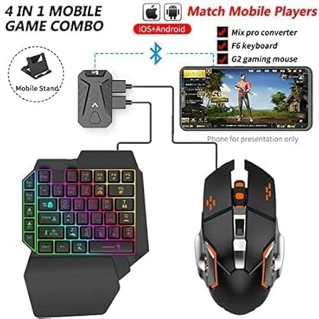 One Handed Gaming Keyboard and Mouse, 4 in 1 Mobile Game Combo Pack, Half Keyboard for Phone Gaming Controller with Mouse Converter Adjustable Phone Stand
