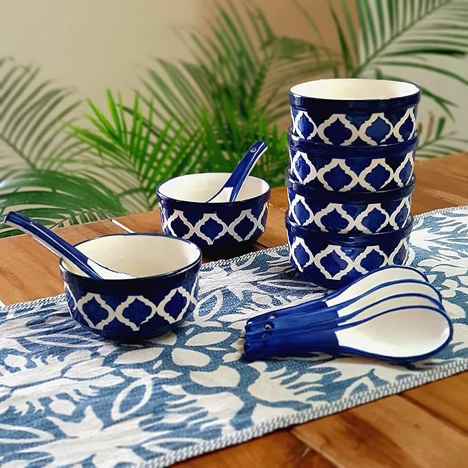 Backspace Retail Hand-Painted Ceramic Soup Bowls Set Off 6 with Matching Spoon | Blue Bowls, 300ml Each