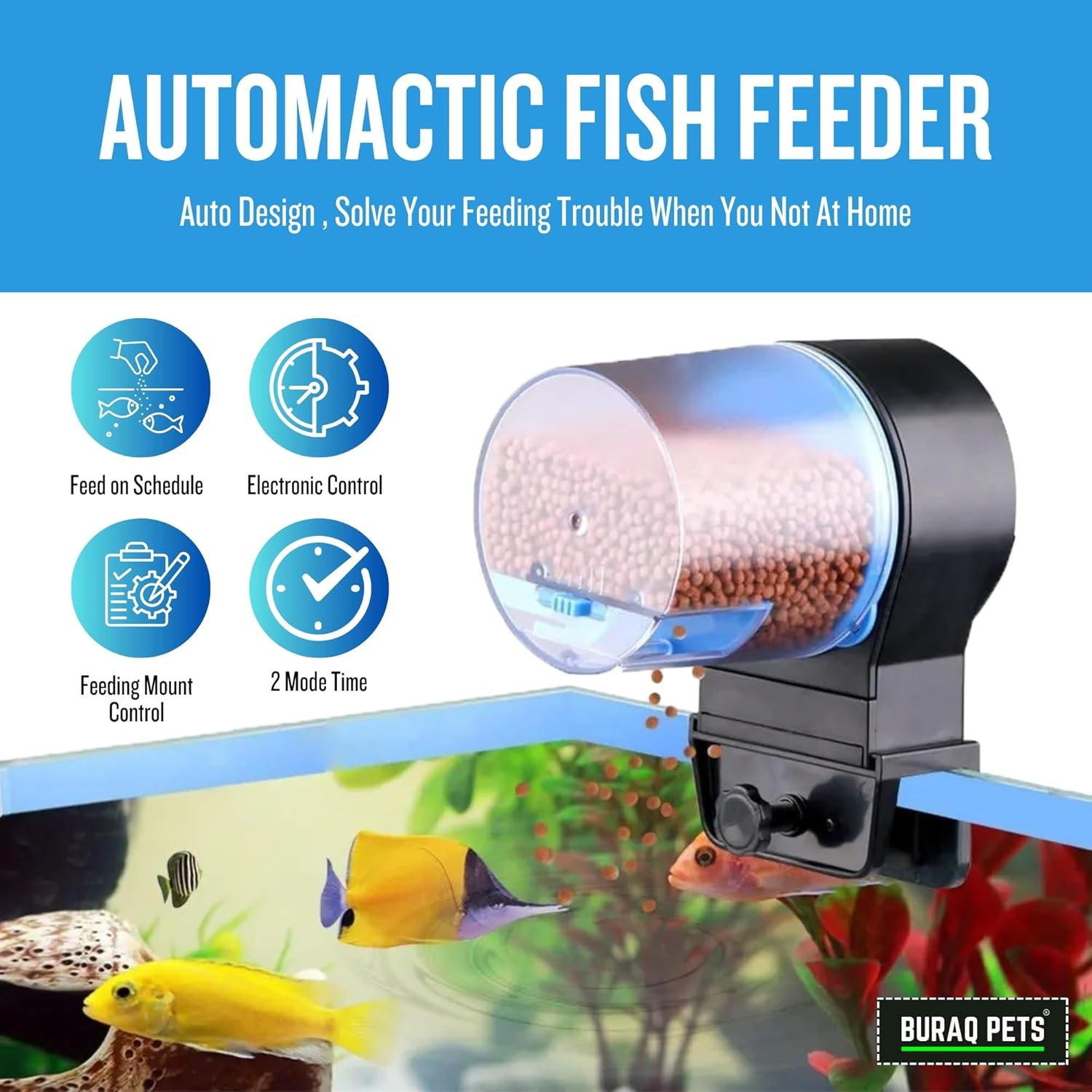 Buraq Automatic Fish Feeder - Food Dispenser for Fish Tank, Vacation Fish Feeder Timer, Adjustable Timing 12hr & 24hr, Accessories for Aquarium (2 Way)