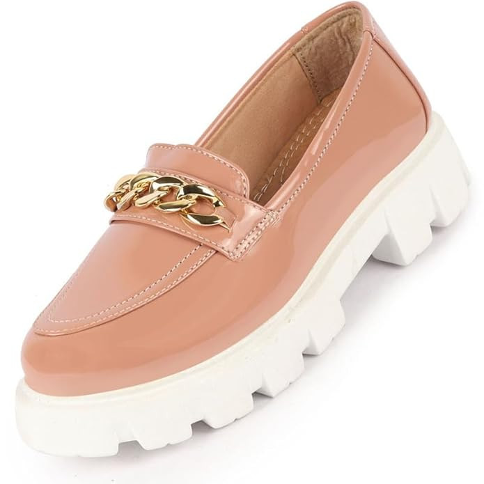 FAUSTO Women's Patent Leather Shiny Chain Buckle Classic Casual Slip On Loafer Shoes