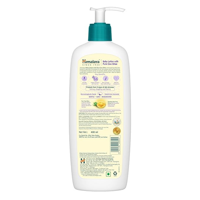 Himalaya Baby Lotion with Pure Cow Ghee 400ml | pH5.5 | Aloe vera | Safe for newborns | For baby's sensitive skin | No Parabens | No Phthalates | No Mineral Oil | No Synthetic color | Dermatologically