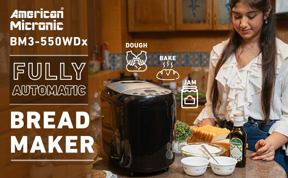 AMERICAN MICRONIC Bread Maker with 19 Pre-Programmed Menus, 3 Crust Colors, LCD Display, and 550W Power - Model AMI-BM3-550WDx (Black & Steel)