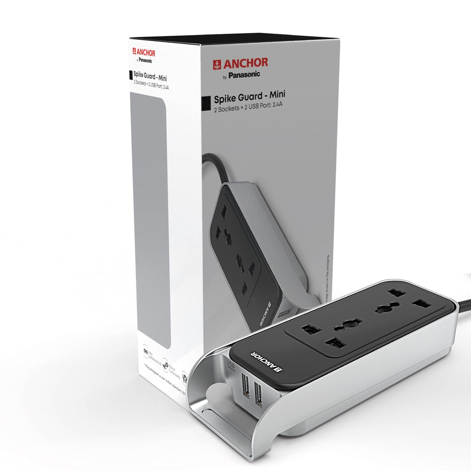 Anchor by Panasonic 6A 2 Universal Socket with 2 USB Port | 6A Extension Board with 2.4A 2 USB Port | Multi Plug Socket for Home Wall, Office (22052)