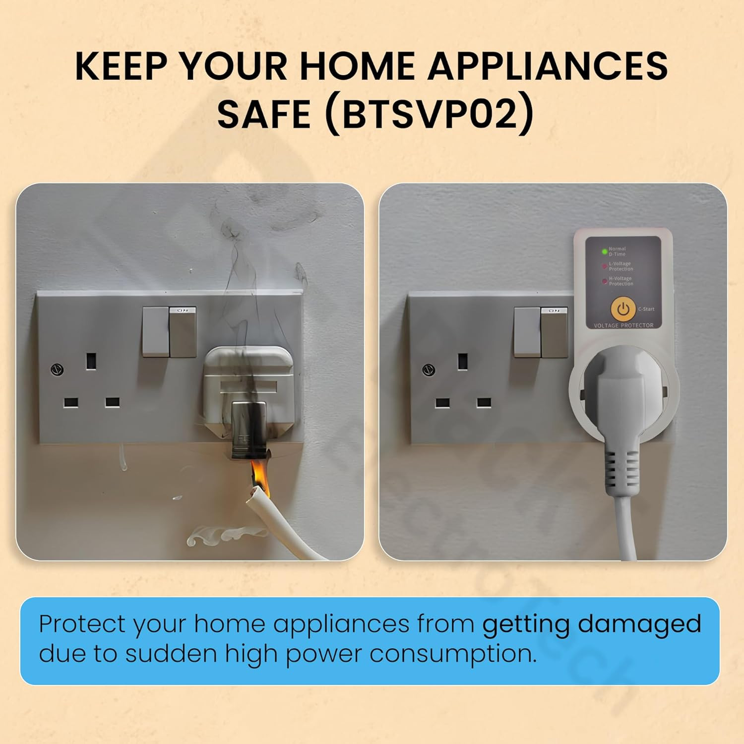 Blackt Electrotech BTSVP01 AC 220V 10A Automatic Digital Voltage Protector Socket switcher- Surge Protector for Home Appliances, Refrigerators, Washing Machines, AC, and TV