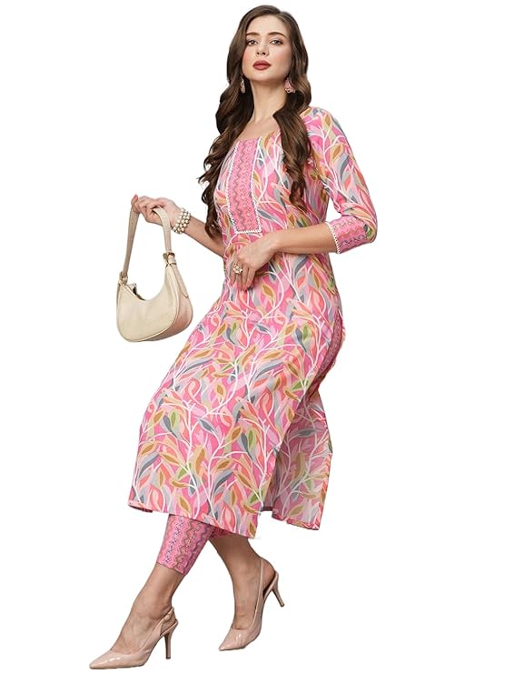 GoSriKi Women's Cotton Blend Straight Printed Kurta with Pant Set