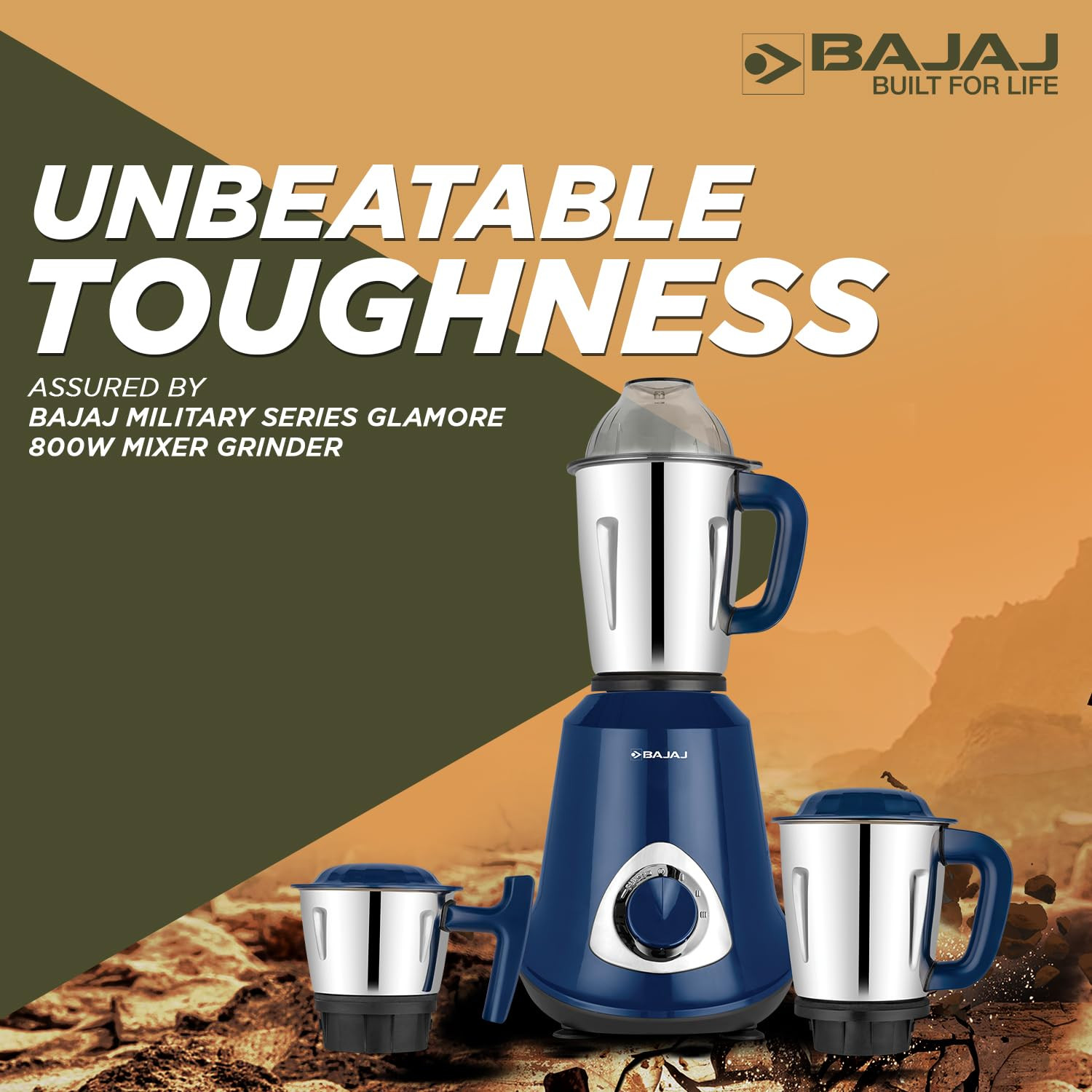 Bajaj Military Series Glamore 800W Mixer Grinder | 3 Stainless Steel Military Grade Jars* | DuraCut® Blades | 2 Yrs Warranty 【Royal Blue】