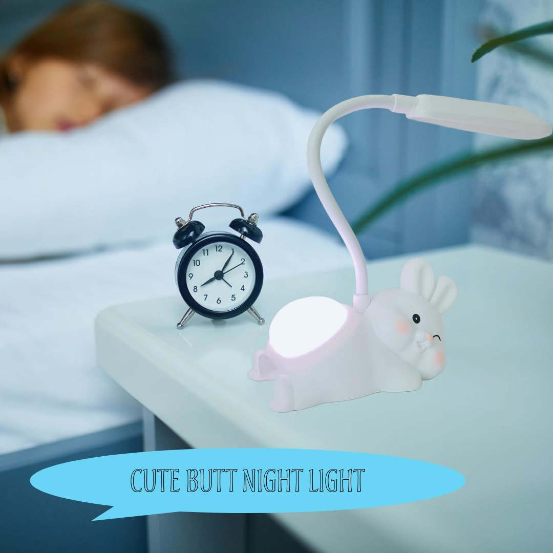 MACVL5 Plastic Desk Lamp for Kids|Cartoon Bunny Shaped with Night Light for Study Table, Bedroom, Study Room (Pink), LED