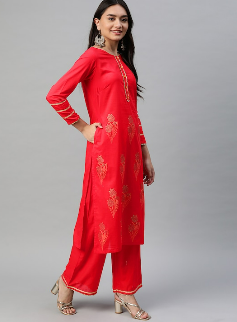 Red Floral Regular Pure Cotton Kurta with Palazzos & With Dupatta