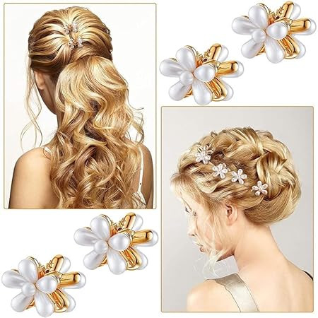 Elina 10 Pcs Korean Style Small Pearl Hair Mini Claw Clips with Flower Stylish Design Sweet Artificial Bangs Decorative Bead Accessories for Braid Wedding Women Girls Kids (10 Pieces)