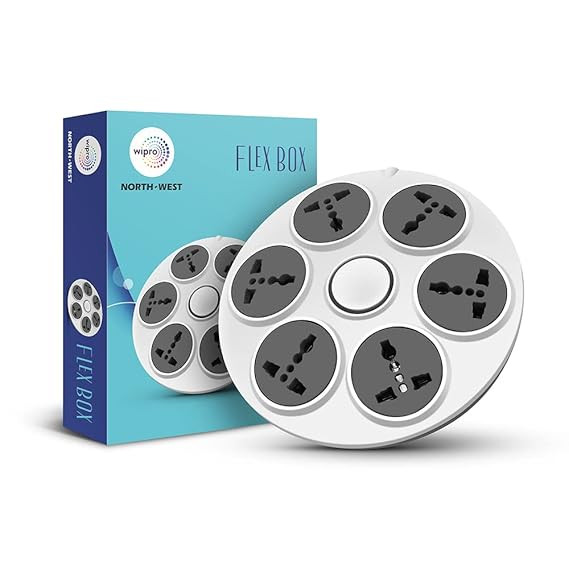 Wipro Extension Board with 4 Universal Sockets & 1 Master Switch | Spike Guard with Indicator | 2 mtr Long Cord | Overload Protection | Multiplug Powerstrip for Home, Office | Grey & White