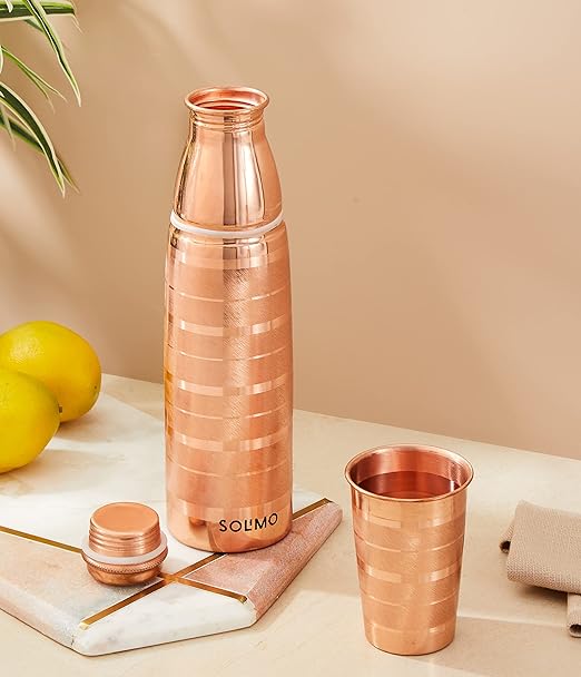 Amazon Brand - Solimo Copper Water Bottle Set With Glass |100% Copper Lining|Leak-proof & Rust-proof | 950ml