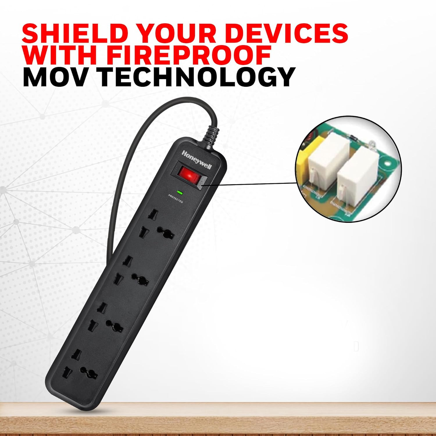 Honeywell Surge Protector, 4 Universal Sockets,15000Amp, 2 Meter Cord, Device Secure Warranty, Automatic Overload Protection, Spike Guard/Extension Board, Master Switch, 3Years Manufacturer Warranty