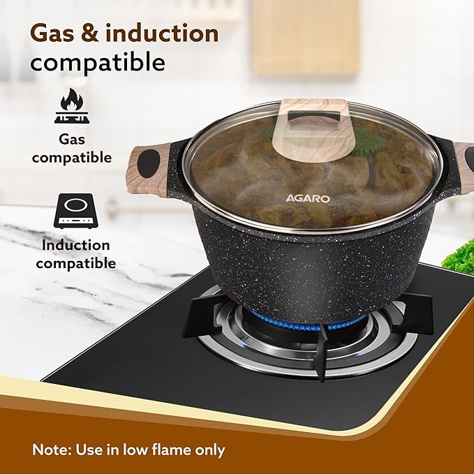 AGARO Imperial Granite Non Stick Casserole with Glass Lid, 4 Litre/24Cm, Cast Aluminium Body, Stew Pot, Biriyani Pot, Rice Pot, Gas & Induction Compatible, Dark Grey
