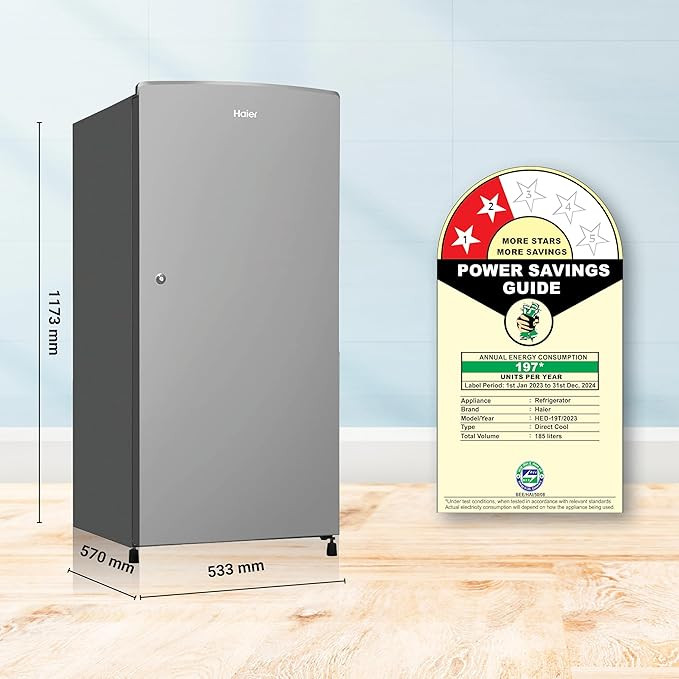 Haier 185 L, 2 Star, Direct-Cool Single Door Refrigerator (HED-19TMS-N, Moon Silver, 2024 Model)