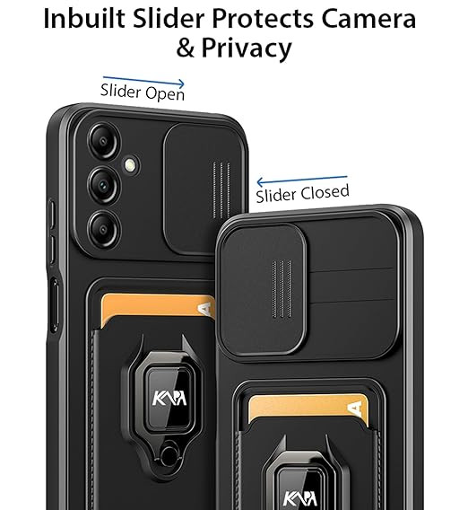 Kapa Bisen Back Cover for Samsung Galaxy A55 (5G) | Inbuilt Camera Slider Ring Stand and Card Pocket Shockproof Slim Bumper Back Case (Black)