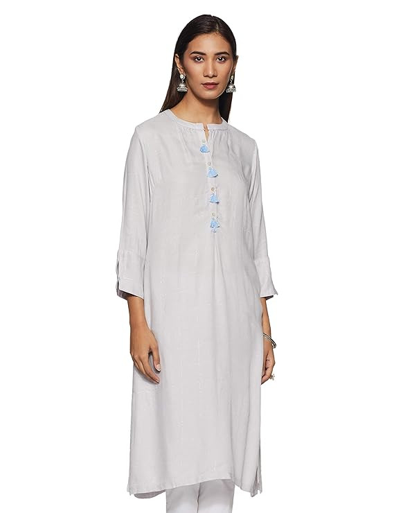 BIBA Womens Mandarin Collar Checked Kurta