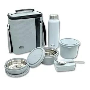 KOI Luxe Lunch Box Set with Insulated Bag Pack of 3 Microwave Safe Steel Containers with BPA-Free Lids (290ml, 450ml, 600ml), Plastic Pickle Box (180ml), and Steel Water Bottle(750ml)- Grey