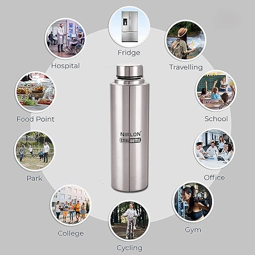 NIRLON Stainless Steel Fridge Water Bottle/Refrigerator Bottle/Single Wall/Leakproof, Silver, 1000 ml, Pack of 3 (FB Eco)