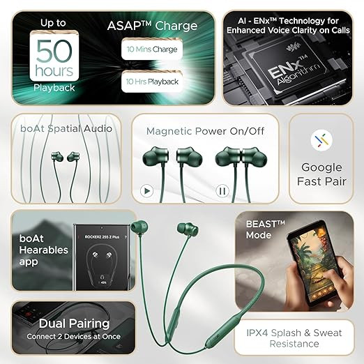 boAt Rockerz 255 Z Plus, AI-ENx Tech, Spatial Audio, 50HRS Battery, Low Latency Mode, Fast Charge, App Support, IPX4, GFPS, BT v5.3, Bluetooth Neckband, Wireless with Mic Earphones (Pine Green)