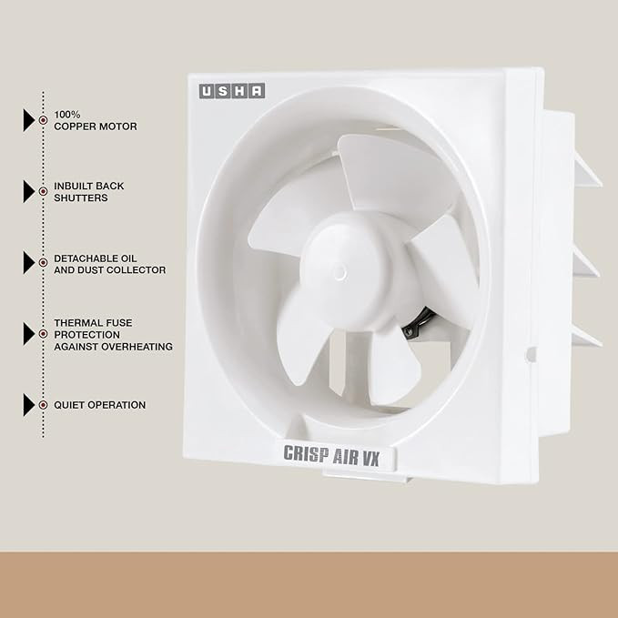 USHA Crisp Air VX Exhaust Fan | 150mm Sweep Size | 240mm Duct Size | 100% Copper Motor | 2 Year Warranty | (White)