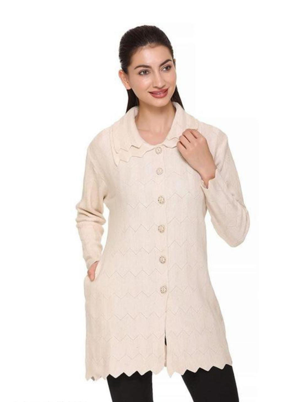 Women Self Design Collared Neck Beige Sweater