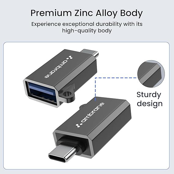 Ambrane USB Type C Male to USB Female OTG Adapter, Compatible with MacBook Pro/Air, Galaxy S20 S20+ Ultra Note 10 S9 S8 and All Type-C Devices,Portable and High-Speed Data Transfer