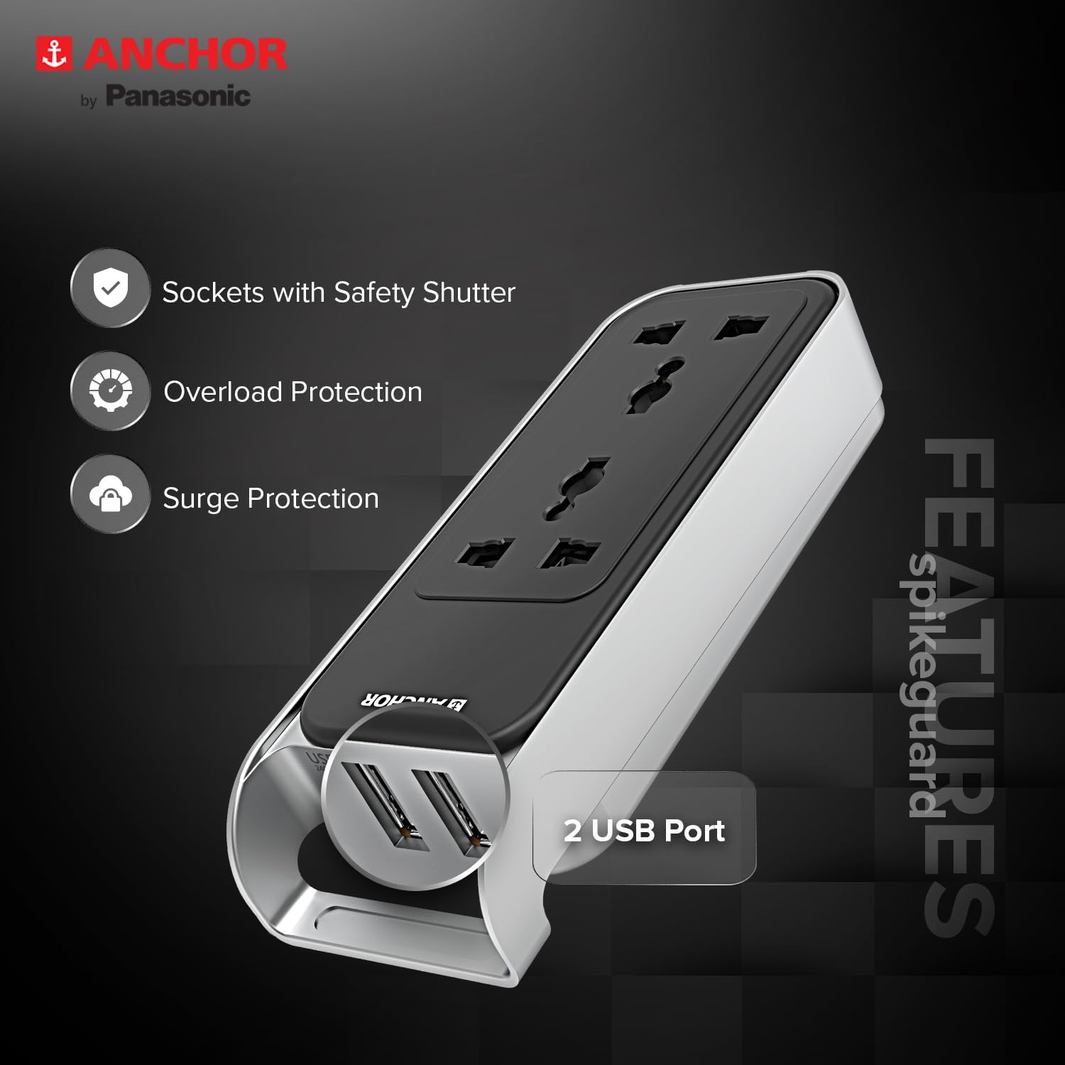 Anchor by Panasonic 6A Extension Board with Handle, 2 Sockets + USB 2.4A, 1.5m Cable (Black and Silver, 240 volts) (22074)