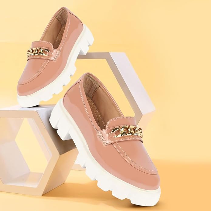 FAUSTO Women's Patent Leather Shiny Chain Buckle Classic Casual Slip On Loafer Shoes