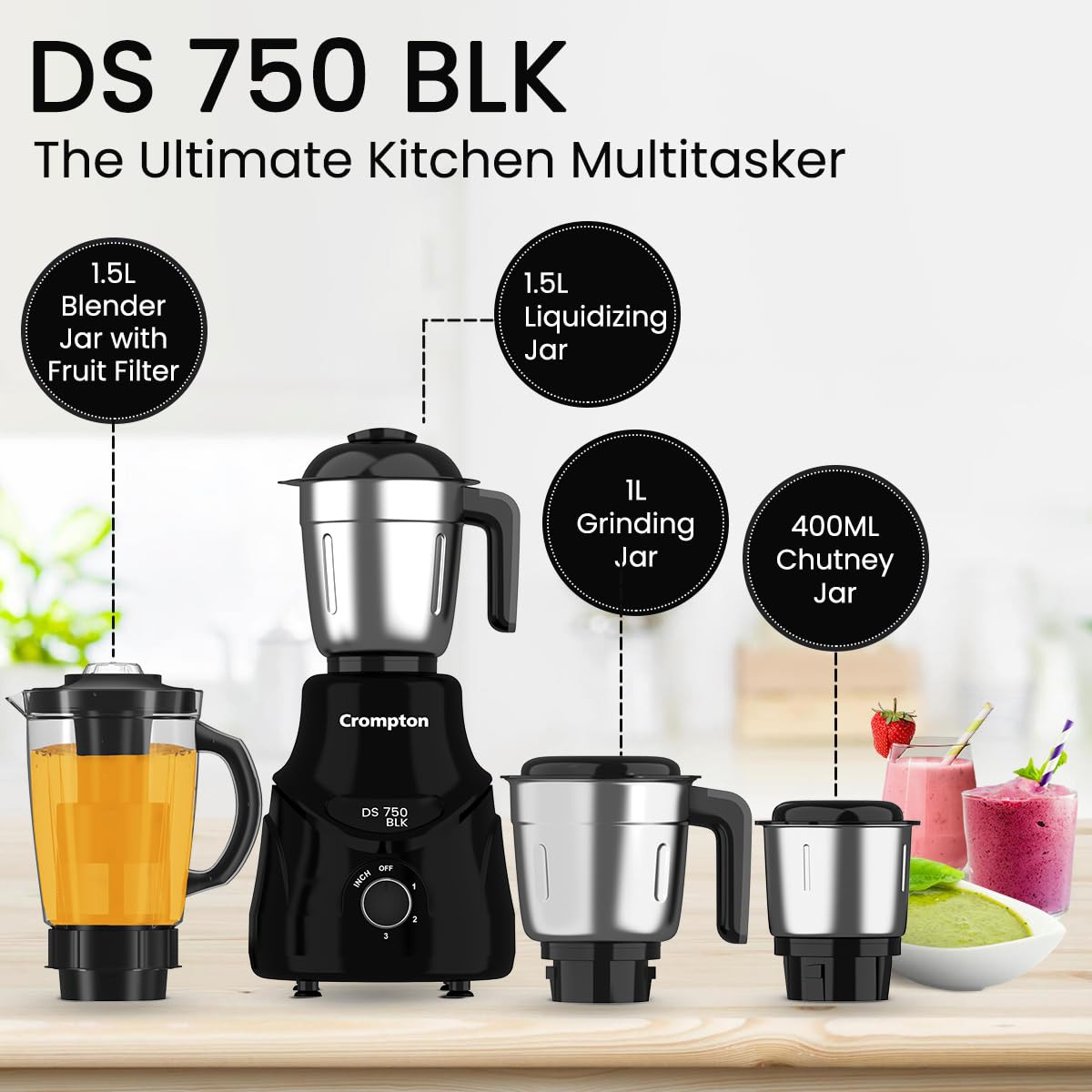 CROMPTON DS 750W Mixer Grinder- 750W Powertron Motor for faster grinding results | Motor Vent-X for durability | 4 Jars (1.5L with FF, 1.5, 1L, 0.4L) 2 Years Warranty on Product & Motor.