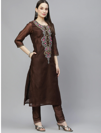 Coffee brown embroidered Kurta with Trousers & dupatta