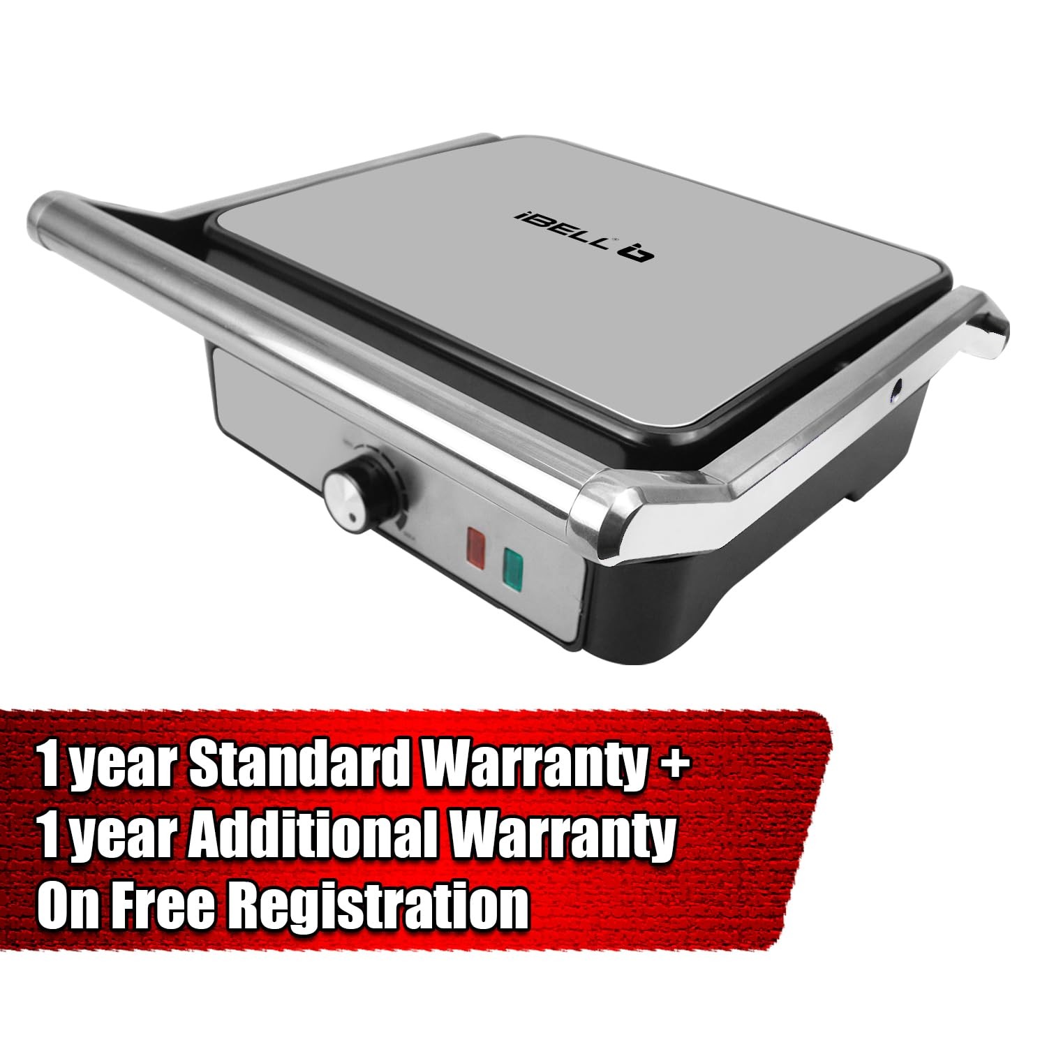 iBELL SM1320G Sandwich Maker Grill and Toast Electric, 2000W, Big Size Fits 4 Bread Slices, Thermostat Knob (Silver, 34 x 34 x 12 cm)