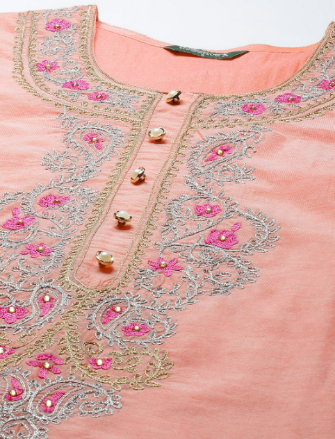 Peach coloured yoke design Kurta with Trousers & dupatta