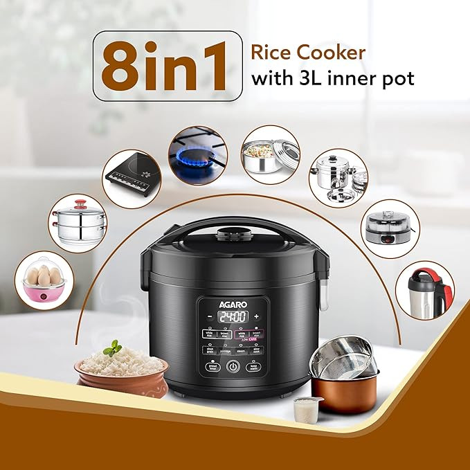 AGARO Regal Electric Rice Cooker, 3 Liters Ceramic Inner Bowl, Cooks Up to 600 Gms Raw Rice, SS Steamer, Preset Cooking Functions, Preset Timer, Keep Warm Function, LED Display, Black