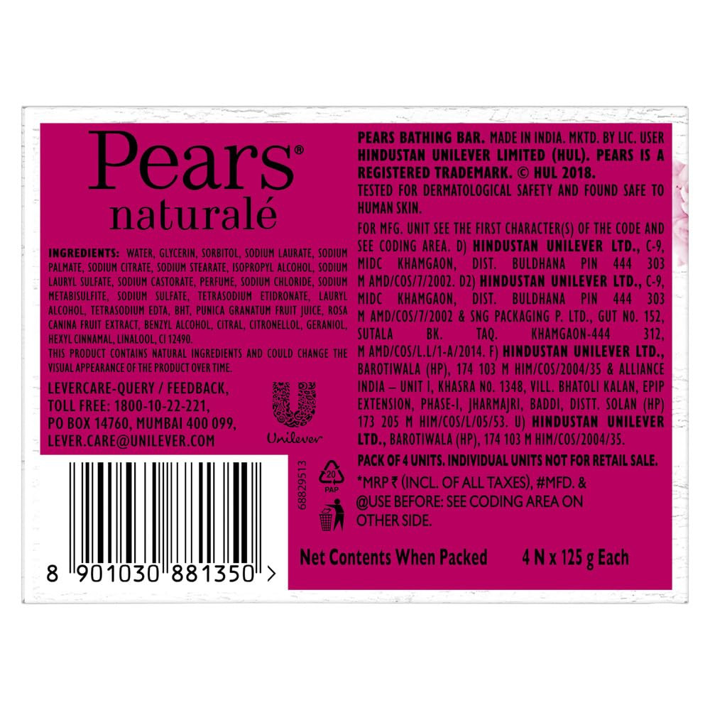 Pears Natural Pomegranate Brightening Bathing Soap Bar, 125 g (Pack of 4)