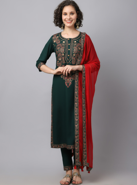 Bottle green chinkankari kurta set