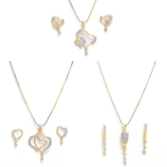 ZENEME Jewellery Set Gold Plated American Diamond Heart Shape and Crystal Style Pendant Necklace Set for Women and Girls Set Of 3