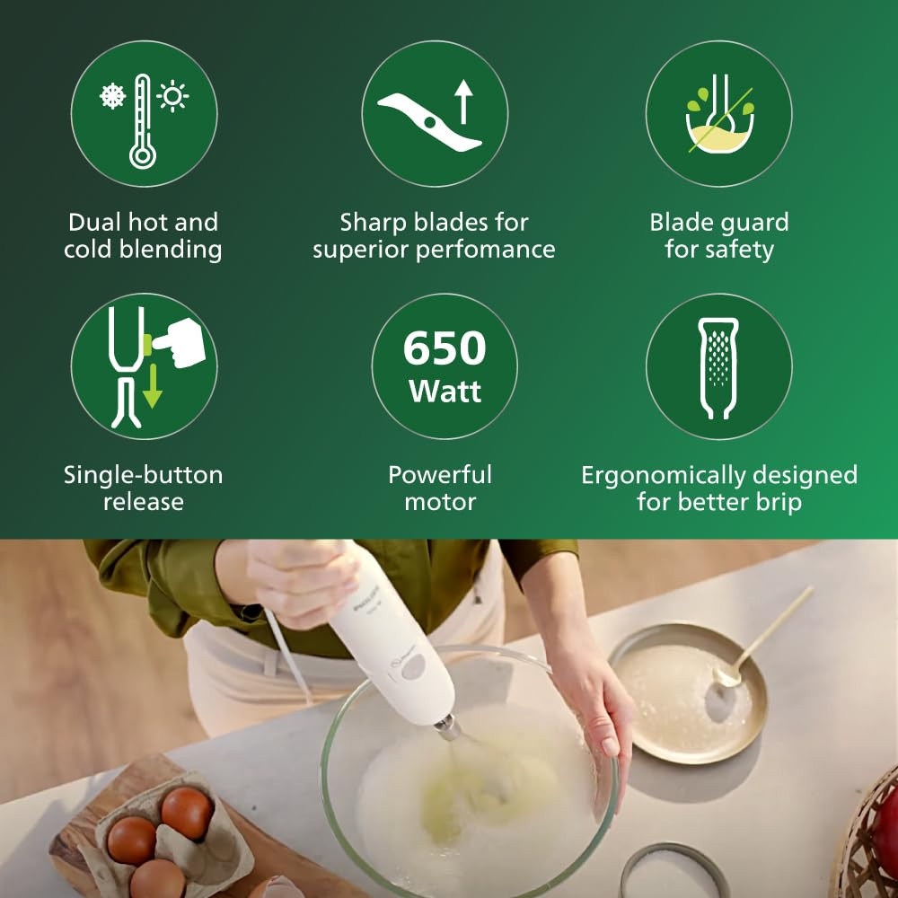 Philips Hand Blender HL1600/02-650 Watt Powerful Motor, Compact Chopper, Detachable Steel Rod, Single Button Release, 2 Year Warranty, White & Brown