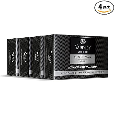 Yardley London Gentleman Classic Activated Charcoal Soap| 99.9% Germ Protection and Deep Cleansing| Daily Bathing Bar Soap For Men| Masculine Fragrance| 100g (Pack of 4)