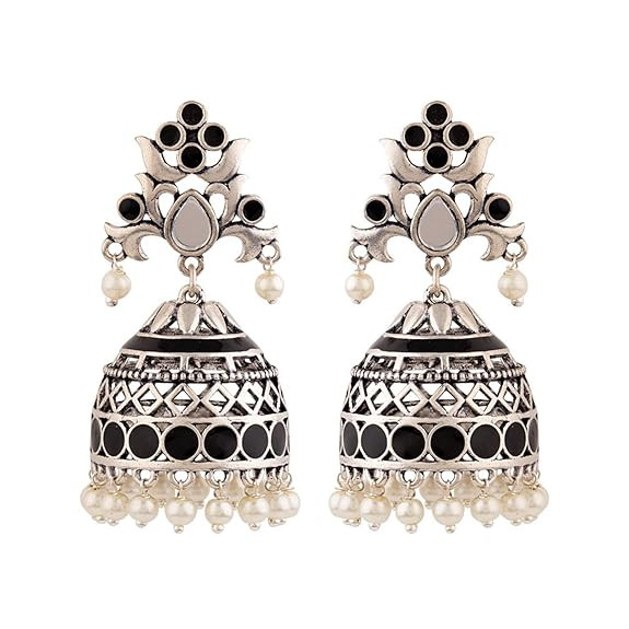 Voylla Brass Silver Oxidised Plating Rangabati Pink Embellishments Jhumka Earrings with Pearl Beads for Women and Girls