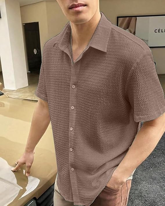 IndoPrimo Men's Regular Fit Self Design Spread Collar Casual Half Sleeve Shirt - Pop