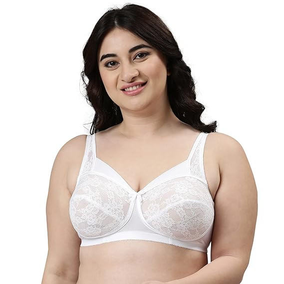Enamor FB06 Women's Nylon Full Support Classic Lace Lift Bra - Non Padded Non Wired High Coverage