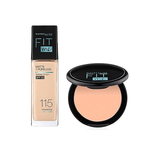 Maybelline New York Fit Me Matte+Poreless Liquid Foundation & Compact Powder, Fit Me Shade 115 Ivory, Everyday Base, Flawless Base Makeup, Combo Pack, Effortlessly Glam Face