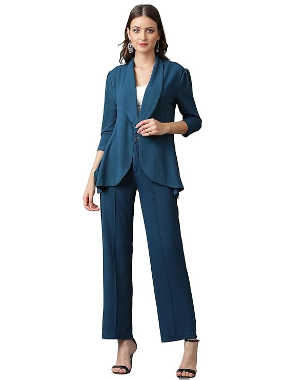 KOTTY Women's Solid Relaxed Fit 3/4 Sleeve Co-ord Blazer and Trouser Set.