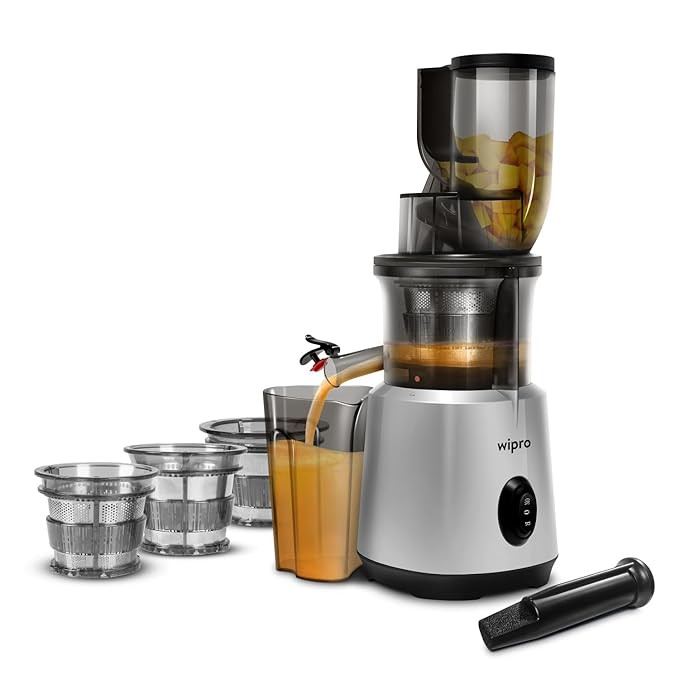 Wipro Vesta FS101 Cold press slow juicer|240W 100% Copper DC motor for efficient juicing|All in one fruit & vegetable juicer|Nut milk and sorbet maker|76mm wide Chute|250ml Juicing bowl