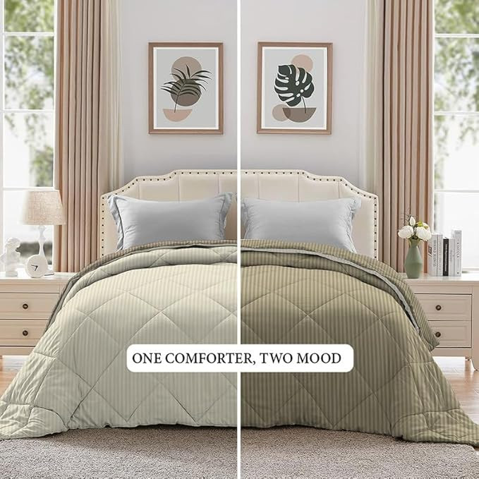 BSB HOME 220 GSM Microfiber Solid Satin Striped Comforter |Quit | Blanket Reversible Double Tone for Double Bed | Washable | Hypoallergenic Skin Friendly (90 x 100 Inch, Mouse & Beige)