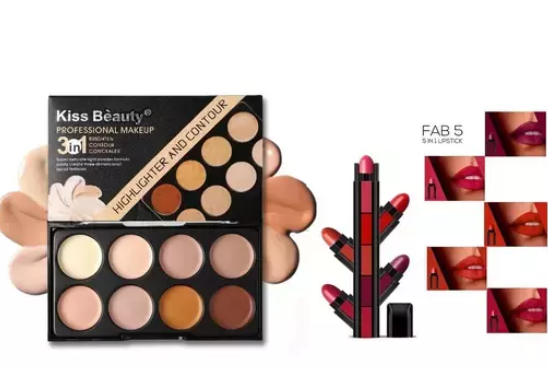 Kiss Beauty Highlighter,Contour 8 Shades with 5in1 Lipsticks