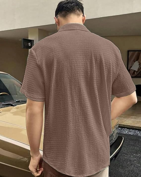 IndoPrimo Men's Regular Fit Self Design Spread Collar Casual Half Sleeve Shirt - Pop