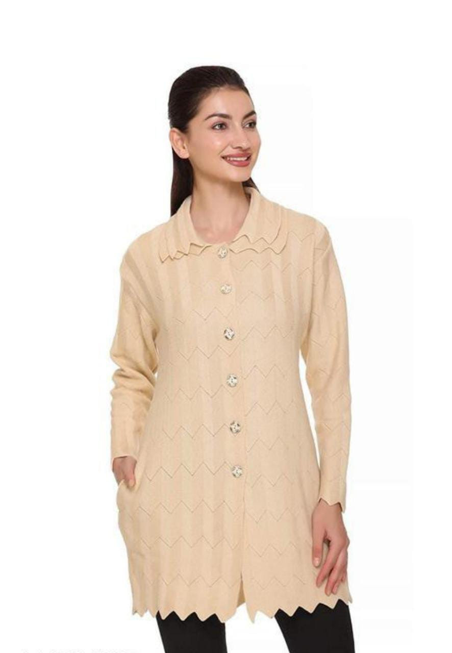 Women Self Design Collared Neck Beige Sweater