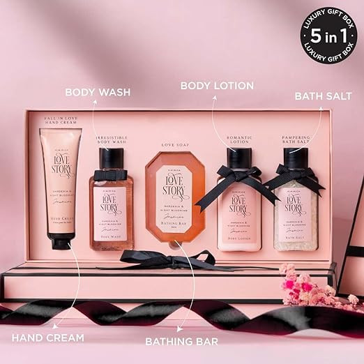 Kimirica Love Story Luxury Bath and Body Care Gift Set Box | Bath Salt, Body Wash, Body Lotion, Bathing Bar and Hand cream | Pack of 5 | For Men and Women | Pampering Kit for Birth