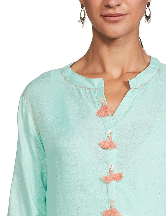 BIBA Womens Mandarin Collar Checked Kurta